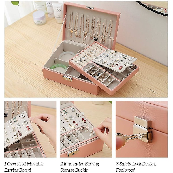Rejse Smykkeæske, PU Læder Lille Smykke Organizer Til Kvinder Piger, Dobbelt Lag Portabel Mini Rejseetui Display Opbevaring Holder Æsker Til Stud E