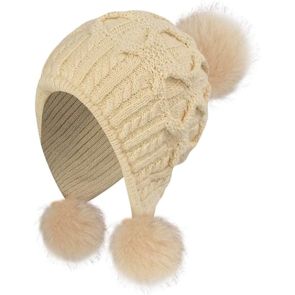 Naisten neulottu hattu Talven lämmin pipo, jossa Pom Pom Bobble -hattu, tuulenpitävät korvaläpät (beige)