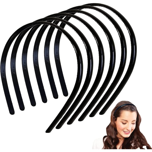 6-paknings sorte plasthodebånd for kvinner, jenter, menn, svart hårbøyle med tenner, hårbånd for hodebånd for unisex (8 mm brede)