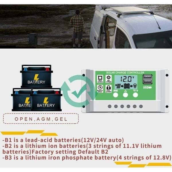 30A 12V/24V Solarladdningsregulator, Bly/Litiumbatteri, LCD-skärm, Dubbla USB-portar, På/Av-timer