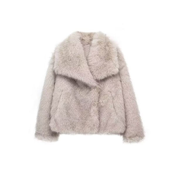 TRAFZA - Korte syntetisk skinnjakke for kvinner, tykk og varm langærmet jakke, ensfarget, elegant, trendy, vinterjakke Beige White XS