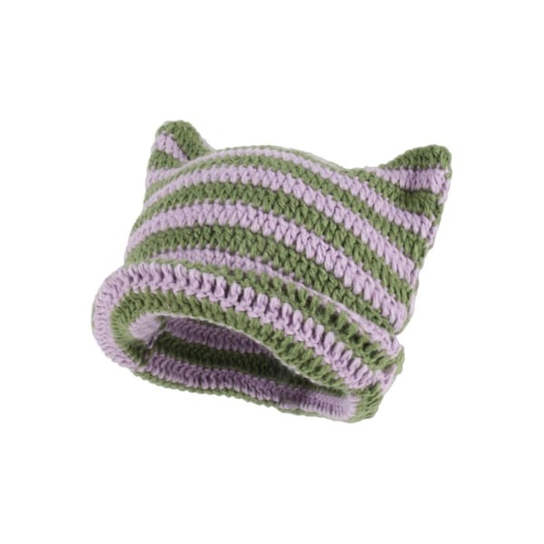 Hæklet Cat Beanie til kvinder - Vintage Grunge Accessories Slouchy Hat Purple