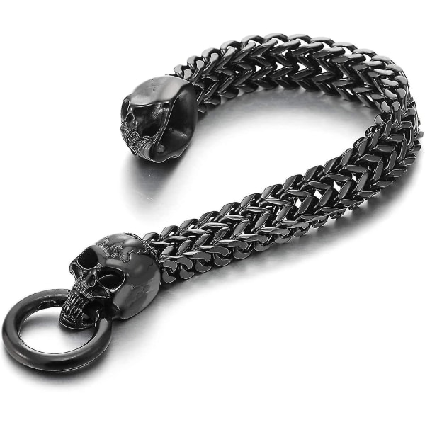 Gothic Herrskalle i rostfritt stål Franco Link Curb Chain Armband med fjäderringlås 8,5 tum Svart (hy)