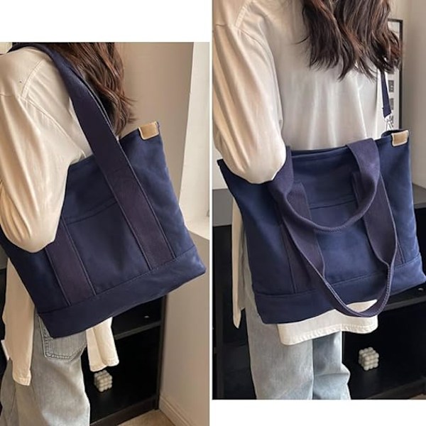 Multi-Pocket Tote Bag med dragkedja, Canvas Handgjord Handväska med fack, Multifunktion Satchels Bag för kvinnor Damer Univisity Skola Arbete Resor Dark Blue - Medium