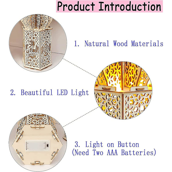 3 stk. DIY Ramadan trelamper dekorasjoner, Mubarak Ramadan LED-lampe for Ramadan-dekorasjoner