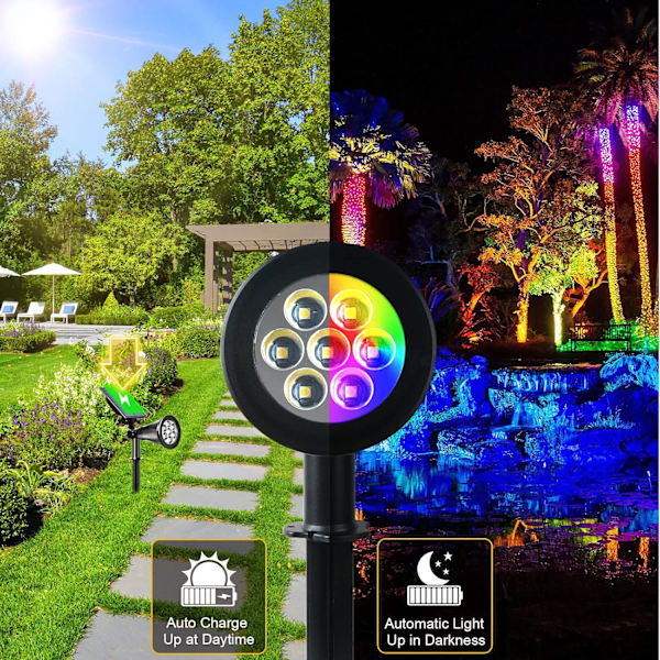 LED solcelle-spotlights, 7 LED fargeskiftende hage, sikkerhetsbelysning, stilys, for uteplass, plen, tre, hage (2-pakning)