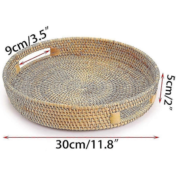 Rund Rattan Vevd Serveringsbrett Dekorativt Utstillingsbrett Oppbevaringsfat Med Håndtak Bordplate Organizer Brett For Kaffe, Drikke, Frokost, Te, Lys