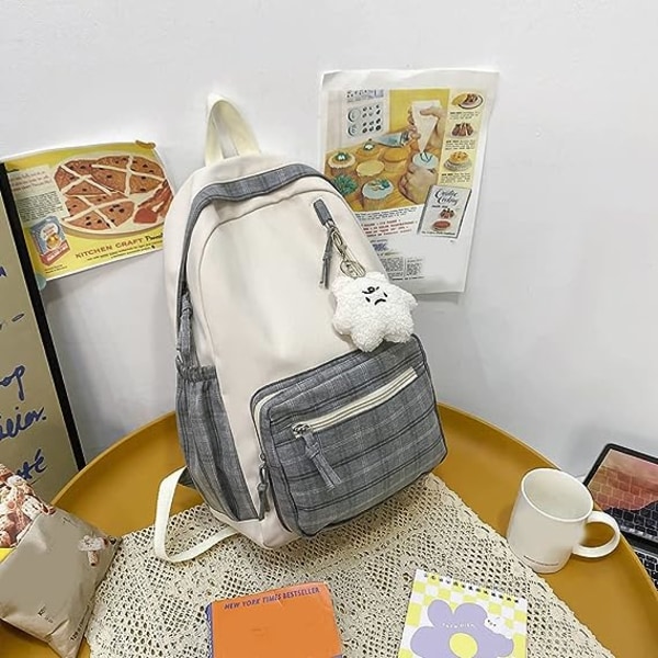 Kawaii rygsæk med vedhæng Sød rygsæk Plaid æstetisk rygsæk Skoletasker til piger Teenagere Back to School rygsække