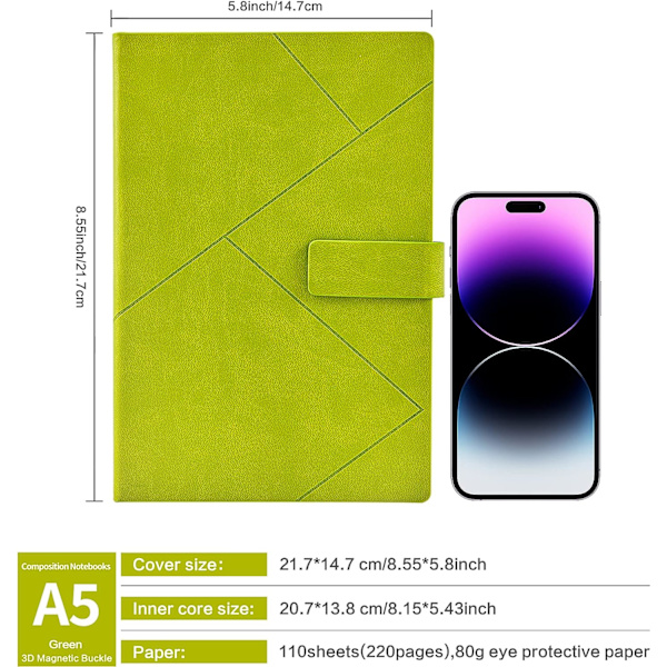 A5 Notebook Minimalistisk Linjerad Anteckningsbok Journal Med Konstläder Hårdpärm, 3D Magnetiskt Spänne, Present till Kvinnor Män Lärare Kontor Skola (Grön)
