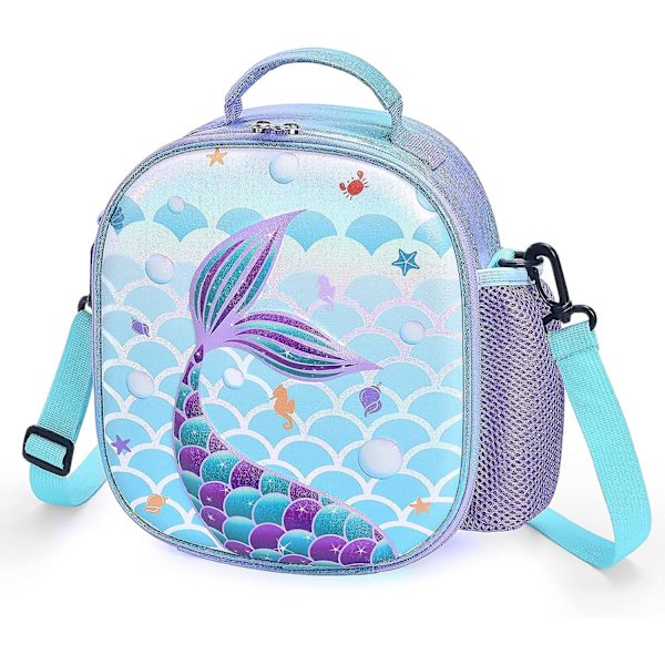Lunchväska med sjöjungfru - 3D-isolerad lunchlåda för flickor, picknick i skolan, shopping, lunch, glänsande crossbody