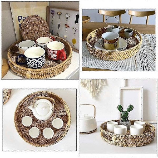 Rund Rattan Vevd Serveringsbrett Dekorativt Utstillingsbrett Oppbevaringsfat Med Håndtak Bordplate Organizer Brett For Kaffe, Drikke, Frokost, Te, Lys