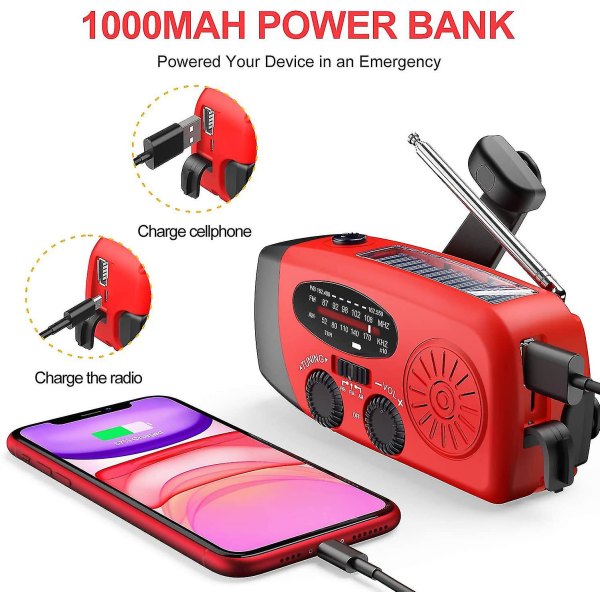 Solcellsladdad handvevad radio med stark ficklampa 2000mah powerbank