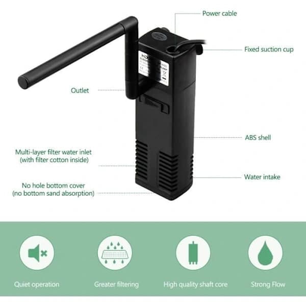 Internt akvariefilter 3 W/4 W 20L-60L Justerbart internt filter med filtersvampar, lätt att använda och underhålla