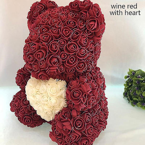 2024 40cm Teddybjørn Rose Hjerte Teddybjørn Kunstig Blomst Valentinsdagsgave wine red with heart
