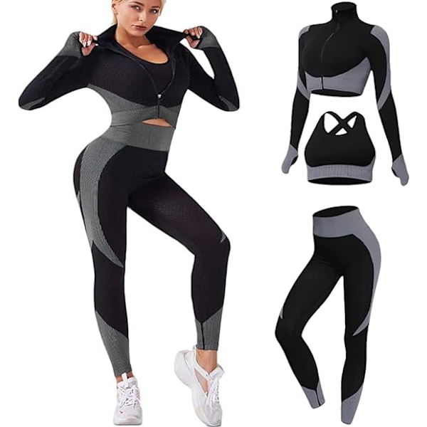 3-delad gymkläder för kvinnor träningsset dam full set outfits träningsbyxor yoga sportkläder leggings och stretchig sport-bh overallkläder BlackGrey L