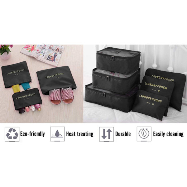 Reisearrangør Pakkeposer, 6 PCS Reisepakkekuber Sett for Klær Reisebagasje Organisasjonslagerposer Black