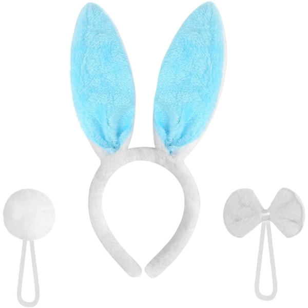 Påskehare ører sæt, 3 dele plys kanin ører pandebånd butterfly til cosplay fest tilbehør Blue
