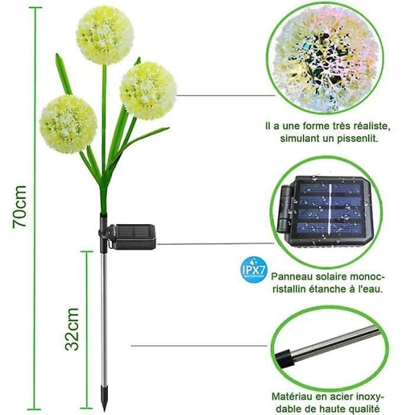 Solcelled Hagebelysning - 2 stk med 3 hoder Løvetann Blomster Utendørs Solcelledrevet Lys - For Plen Sti, Garasje, Terrasse, Hage