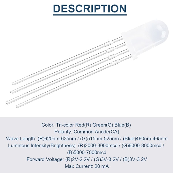 100-pakning 5mm LED lysdiode felles anode DC 3V 20mA RGB trefarget (rød/grønn/blå)