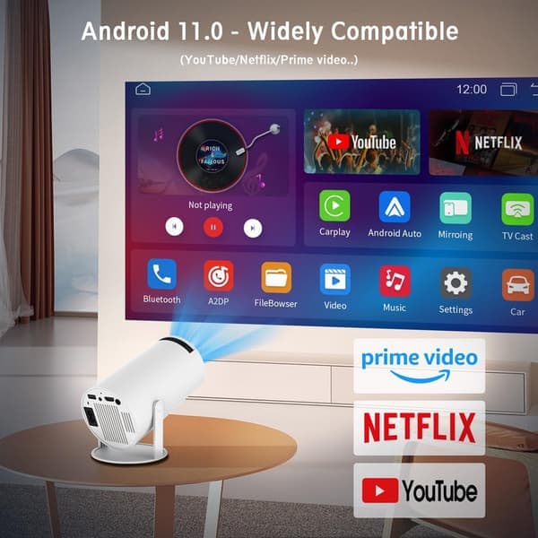 Mini 4K-projektor med WiFi og Bluetooth – Android 11, automatisk keystone-korreksjon, 180° rotasjon