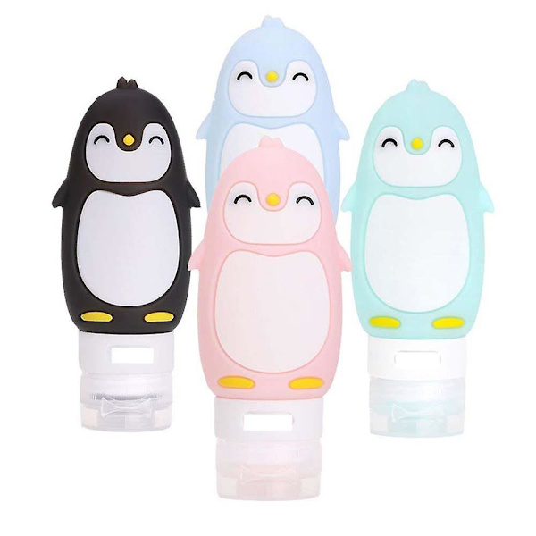 4-pack 90 ml läckagesäkra reseflaskor set TSA-godkända silikon söta pingvin reseflaskor, klämbara och påfyllningsbara kosmetiska kompatibla med schampo