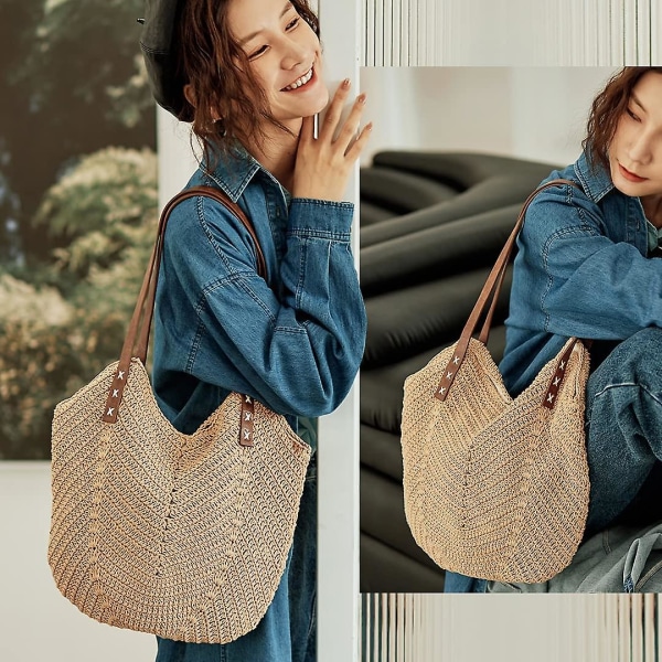Handgjord mjuk stor halm axelväska retro boho tote väskor sommar strand vävd väska rotting handväska - brun -