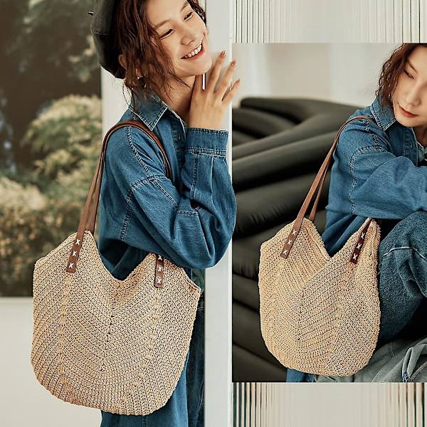 Håndvævet blød stor strå skuldertaske Retro Boho Tote tasker sommer strand vævet taske Rattan håndtaske - Brun -