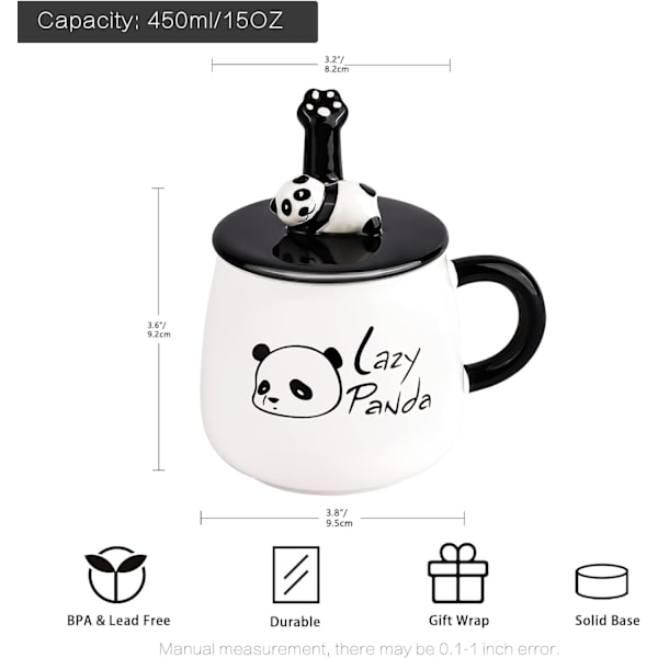 Søt keramisk kaffekopp med lat panda, 3D panda-lokk og skje, 3D panda kaffekopp, krus, nyhet, kaffekopp, tekopp, melkekopp, gave
