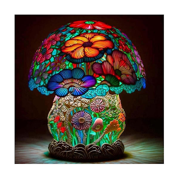 Farvet bordlampe i plettet planteserie til soveværelse, natbord, svamp, retro