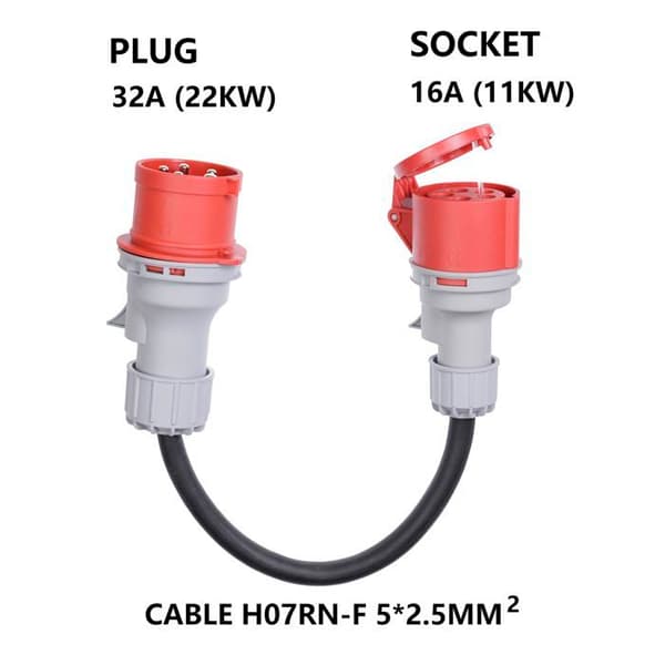 CEE-adapter 32A plugg til 16A stikkontakt med beskyttelsesdeksel, trefaset, 5-pinners, (32-16)