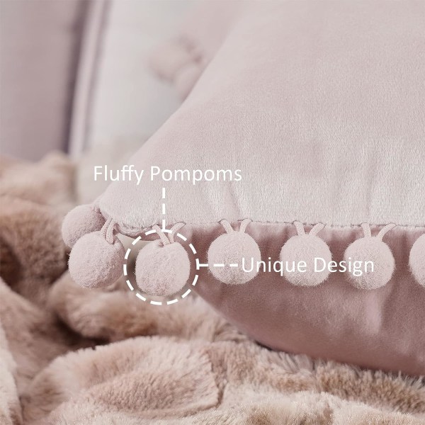 Decorative Throw Pillow Covers for Couch Bed Soft Particles Velvet Solid Cushion Covers with Pom-poms 20 x 20 Inch 50 x 50 cm, Pack of 2, Blush Pink