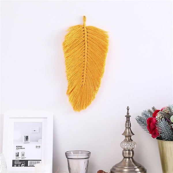 Macrame väggdekoration blad fjäder boho dekor bomullssnöre nordisk stil vävnad leksak barnrum tofsar dekor hem Yellow