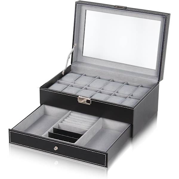 Urkasse, 12 slots dobbeltlags urkasse premium display håndværk, luksus etui arrangør, elegant arrangør til smykker, armbånd, halskæder, sort