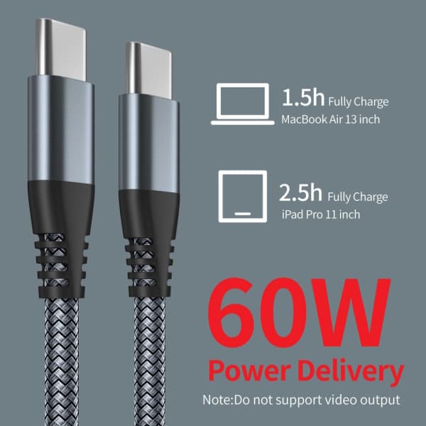 1. USB-C opladerkabel 60 W hurtigopladning Grå 2 m