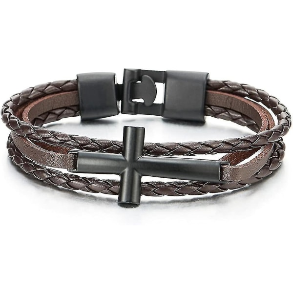 Sort horisontal sideway lateral kors brun flettet læderarmbånd til mænd og kvinder (hy)