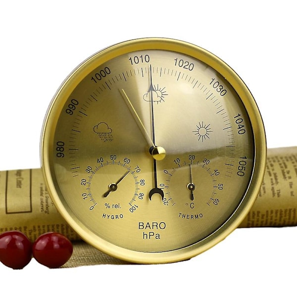Analogt innendørs/utendørs værbarometerstasjon med ramme i rustfritt stål Inkluderer barometer, hygrometer og termometer Flere farger tilgjengelig Gold