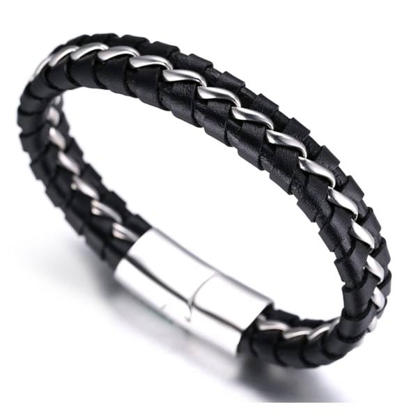 Børns drenge ægte læderarmbånd sort. Titanium sølvkæde