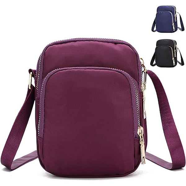 Cross Body Phone Bag Women, Nylon Wallet Shoulder Bag, 3 Layers Zipper Cell Phone Purse with Adjustable Strap (Lila)