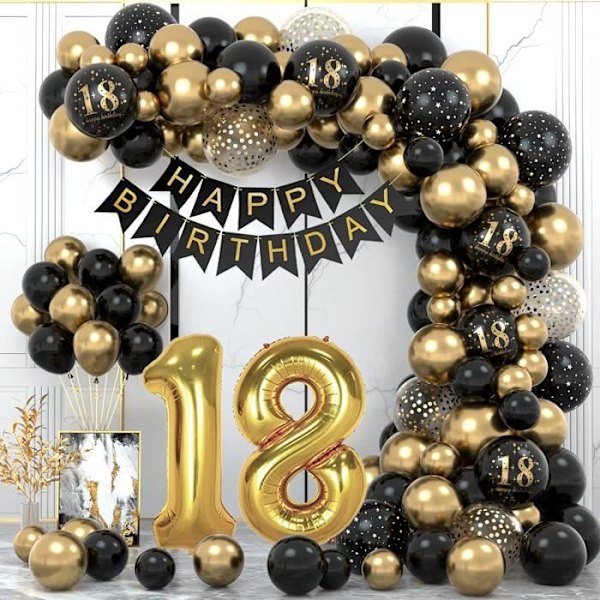 18 års fødselsdagsdekorationer, 18 års fødselsdagsfestdekorationer i sort guld, fødselsdagsballonbuesæt sort guldballon