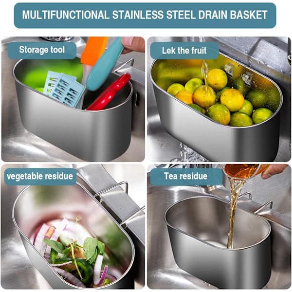 Diskho sil i rostfritt stål, multifunktionell hängande diskho sil durkslag för att filtrera köksavfall