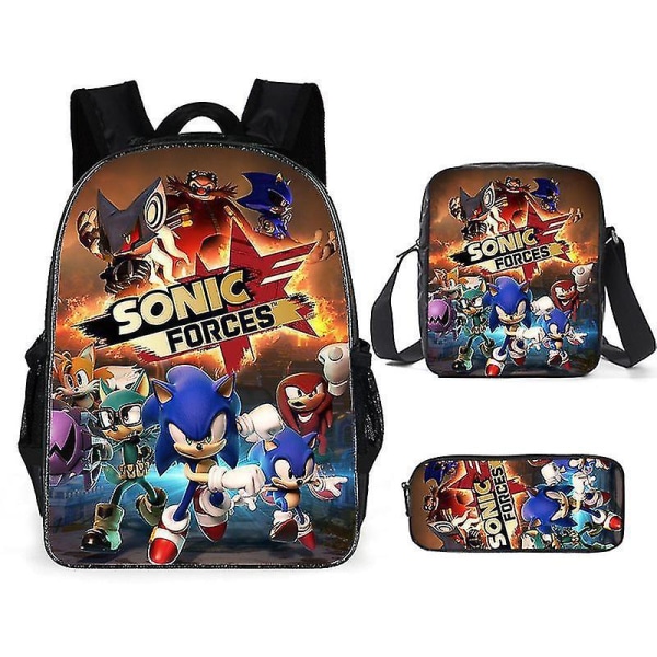 Sonic Primary School Skole Taske Tredelt Sæt Anime Tegneserie Rygsæk Skuldertaske Blyantsæske pencil case 1