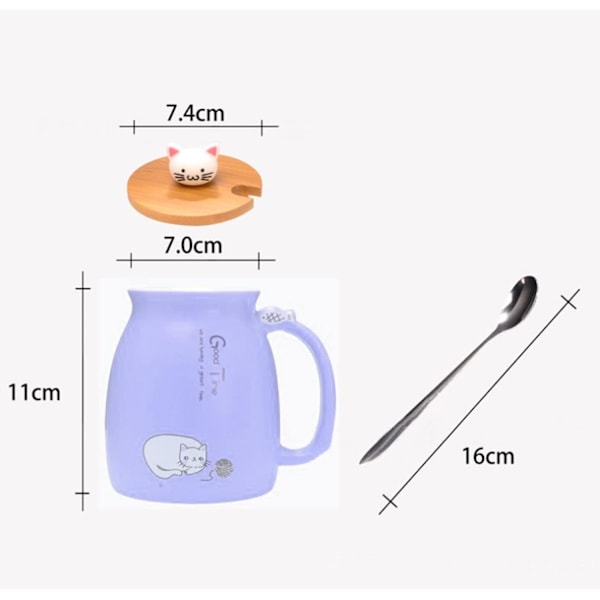 Kattmugg Söt Keramisk Kattunge Kaffekopp med Underbar Kattlock Rostfritt Stål Sked för Kaffe Te Mjölk 380ML Te Mjölk Julmugg för Kvinnor (Lila)