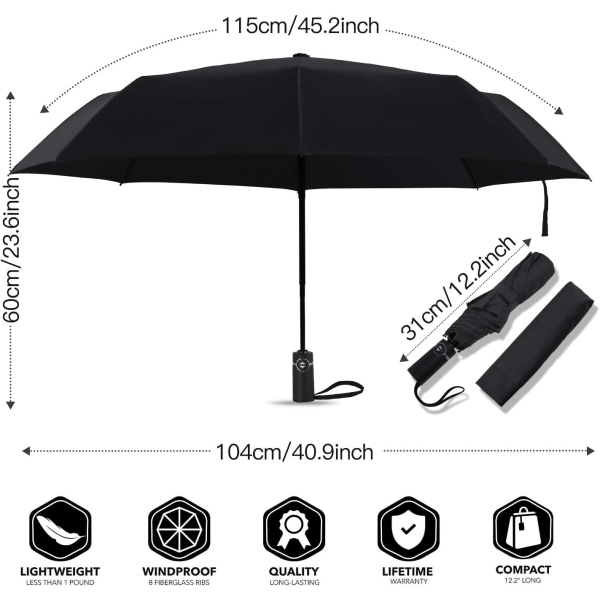Taitettava sateenvarjo Vahva kestävä sateenvarjo Kannettava sateenvarjo teflonpinnoitteella - Vahvistettu katos, Automaattinen avautuminen/sulkeutuminen - Musta