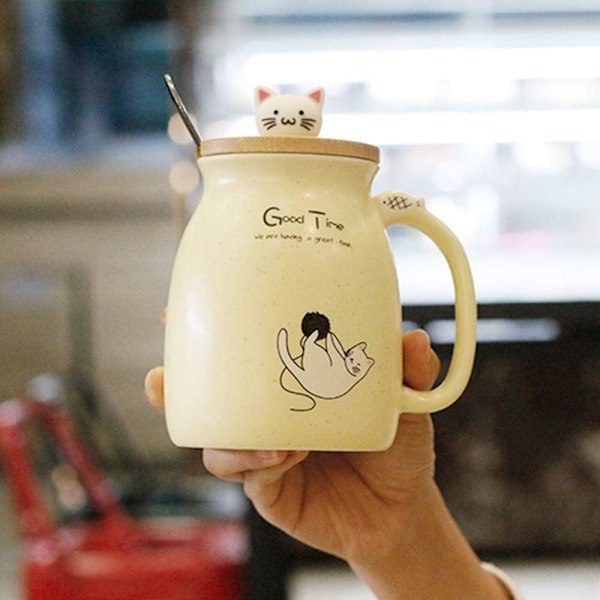 Kattmugg Söt Keramisk Kattunge Kaffekopp med Underbar Kattlock Rostfritt Stål Sked för Kaffe Te Mjölk 380ML Te Mjölk Julmugg för Kvinnor (Gul)