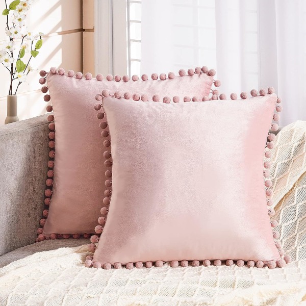 Dekorativa kuddfodral för soffa säng mjuka partiklar sammet enfärgade kuddfodral med pom-poms 20 x 20 tum 50 x 50 cm, 2-pack, Blush Pink