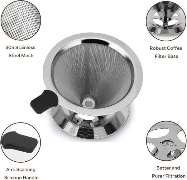 Kaffefilter, Gjenbrukbar Drypper i Rustfritt Stålnett, Permanent Hell Over Kaffedrypper, 1-3 Kopper
