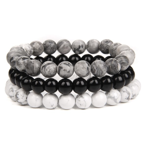 8mm Naturlig Stein Armbånd Sett Menn Kvinner Rose Rhodonitt Kvarts Svart Onyx Stackable Håndled Perler Mala Charm Armbånd 3PCS (Hvit)