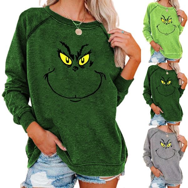 Julegenser for kvinner Grinch langermet bluse Pullover Mørkegrønn W Mørkegrønn L Dark green L
