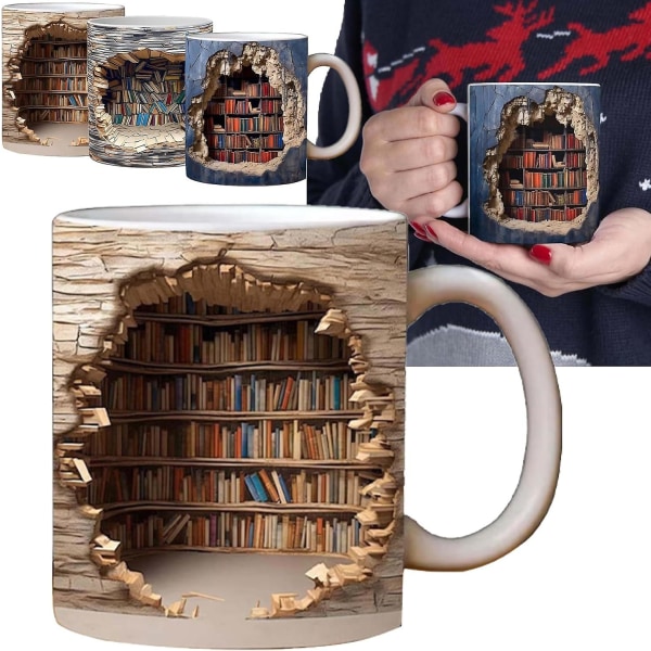 3d bokhylla mugg, 3d effekt bokmuggar, kreativ rymddesign multifunktionell keramisk mugg, kaffemugg present till bokälskare B