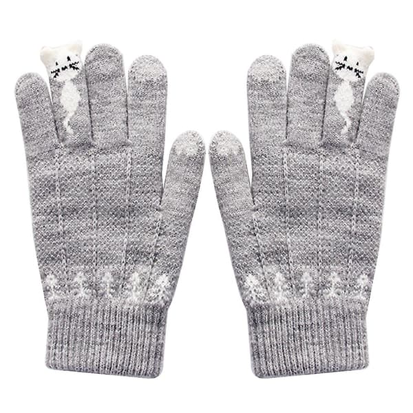 Vinter Kvinder Søde Tegneserie Katte Touch Screen Handsker Fuld Finger Strikkede Luffer Grey